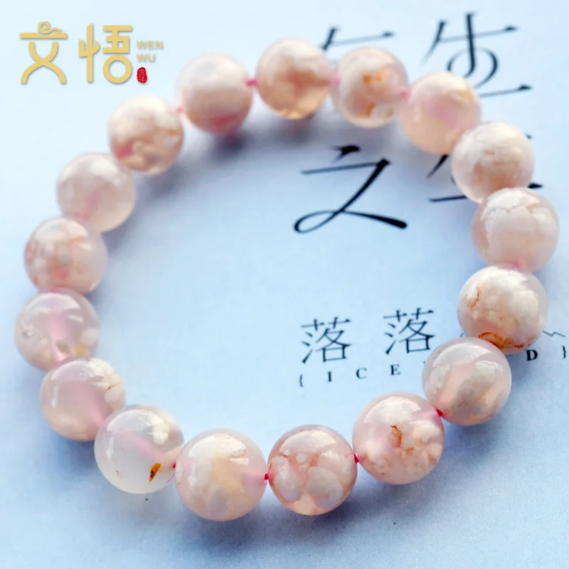 Natural Madagascar Pink Cherry Agate Ice-like Floating Flowers Ocean round Beads Single CircleBracelet for Men