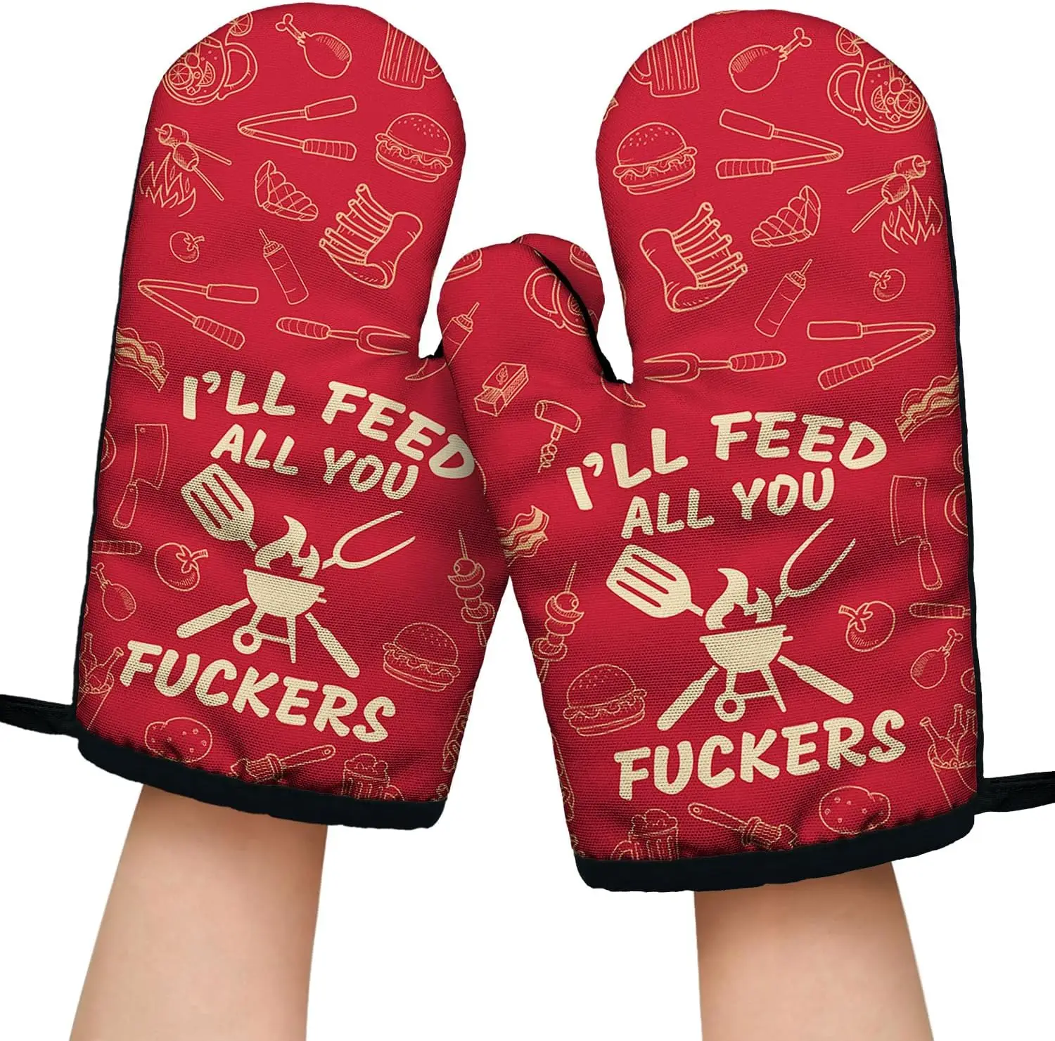 I'll Feed All You Fuxxers Funny Oven Mitts with Hanging Loop and Non-Slip, Male and Female Chefs Baking Cooking Kitchen
