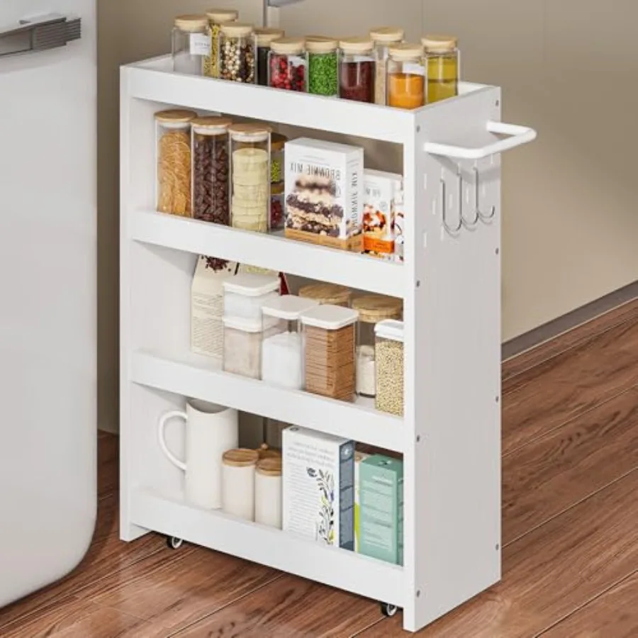 

4 Tier Slim Storage Cart with Hooks Wheels Handle Slide-Out Rolling Utility Cart for Small Spaces Kitchen Narrow Mobile Shelvin