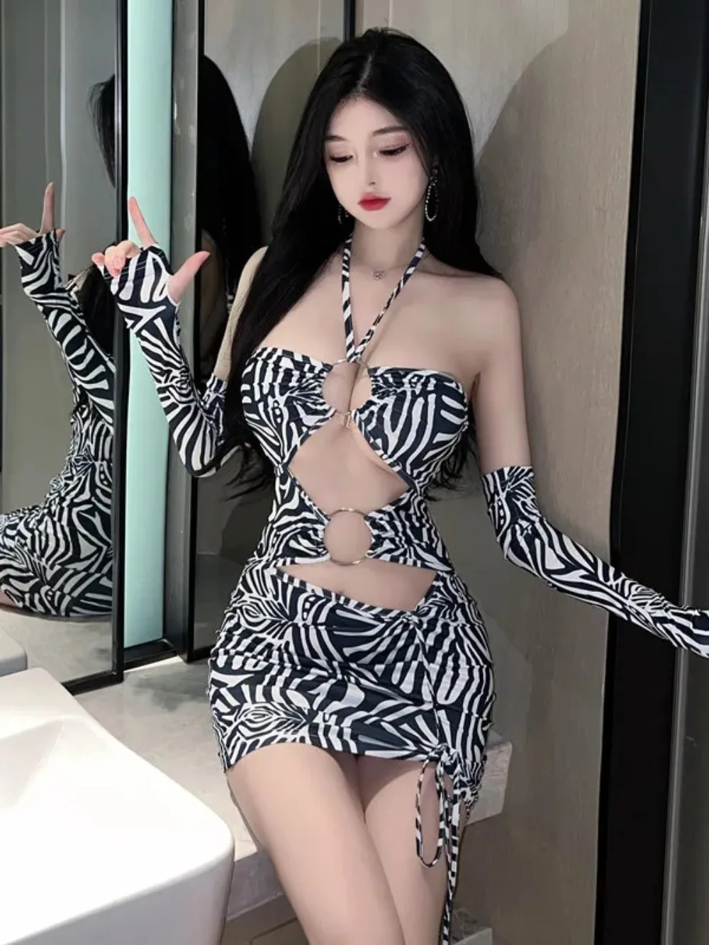 

Dance Hanging V Neck Hollow Sexy Tight Wrap Hip Rockabilly Animal Print Dress Women Trendy Clothes Chic Off Shoulder New