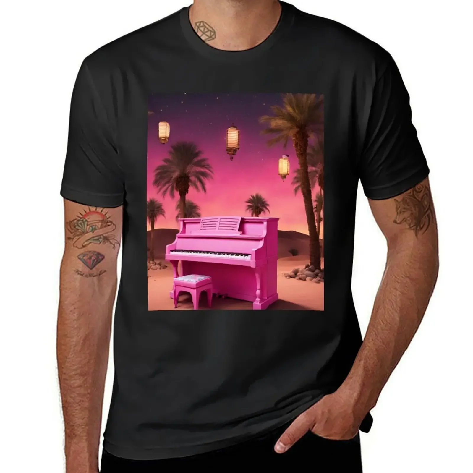 

Piano in the Egyptian desert with Pyramids, jungles, lanterns, ancient Rome T-Shirt plus sizes mens graphic t-shirts hip hop