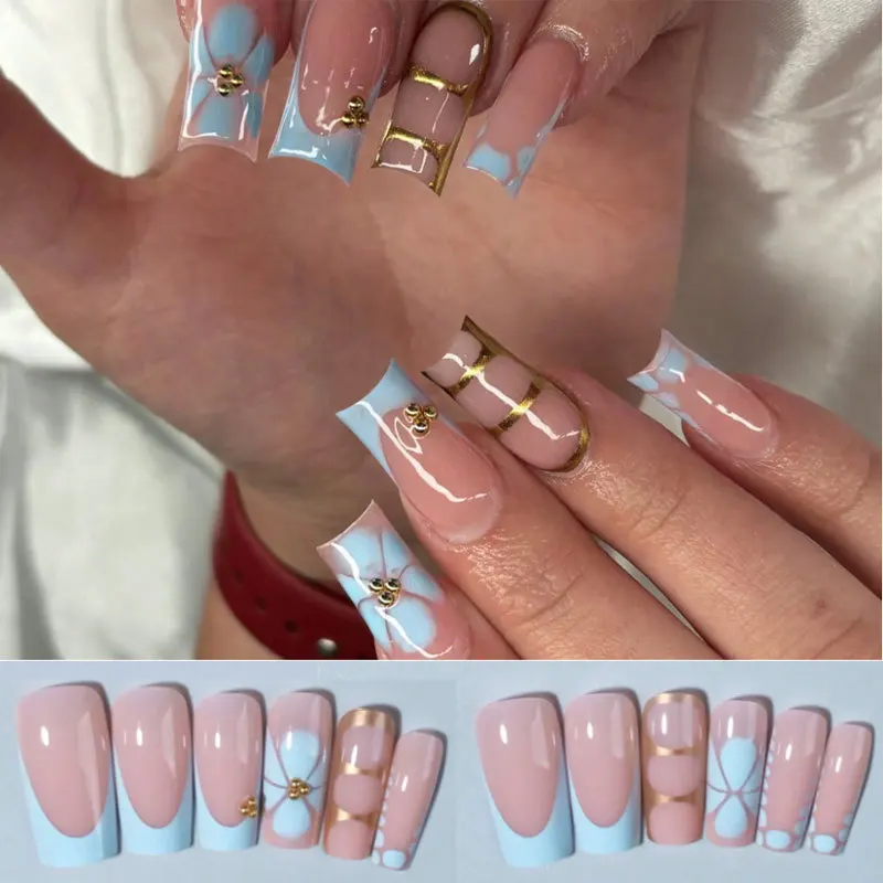 24 piezas de uñas postizas francesas largas en forma de ataúd con flores retro, diseño de caviar y dorado calado, estilo Y2K acrílico 4