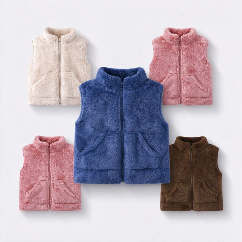1-6 Years Toddler Fleece Vest Solid Color Soft Shaggy Plush Waistcoat Baby Zipper Sleeveless Jacket Winter Warm Kids Outerwear