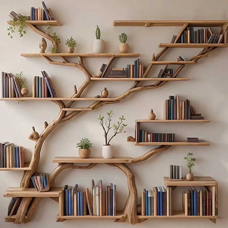 Rak Buku Kreatif Pohon Dinding Cabang Kayu Solid Rak Seni Pohon Besar