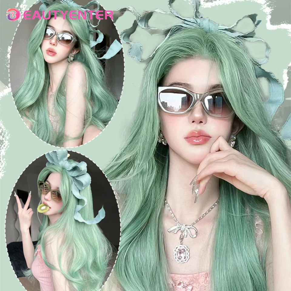 Peluca BeautyEenter de pelo largo para mujer, estrella verde menta, mismo estilo, pelo largo sintético y rizado, versátil, conjunto de cabeza