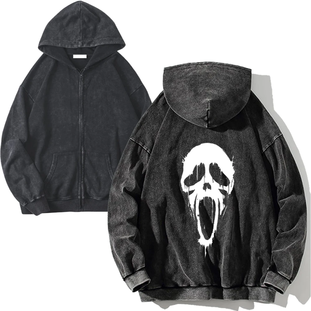 Skeleton Death Print Y2K Zip Up Hoodies 100% Cotton Men Women Gothic Vintage Zipper Hoodie High-quality Sweatshirts Streetwear
