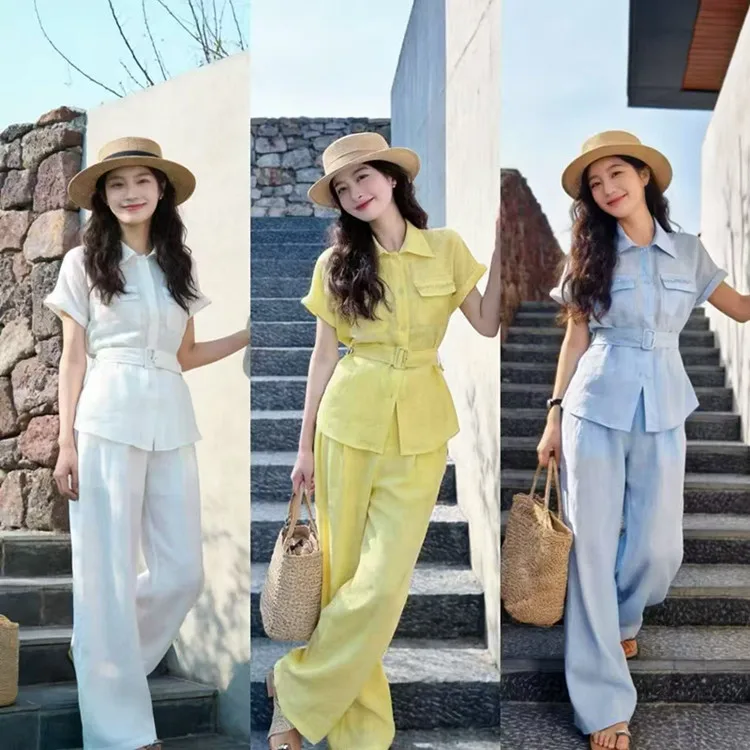 Customization European women's clothing for summer 2026 Short-sleeved button-down linen shirt Wide-leg pants set