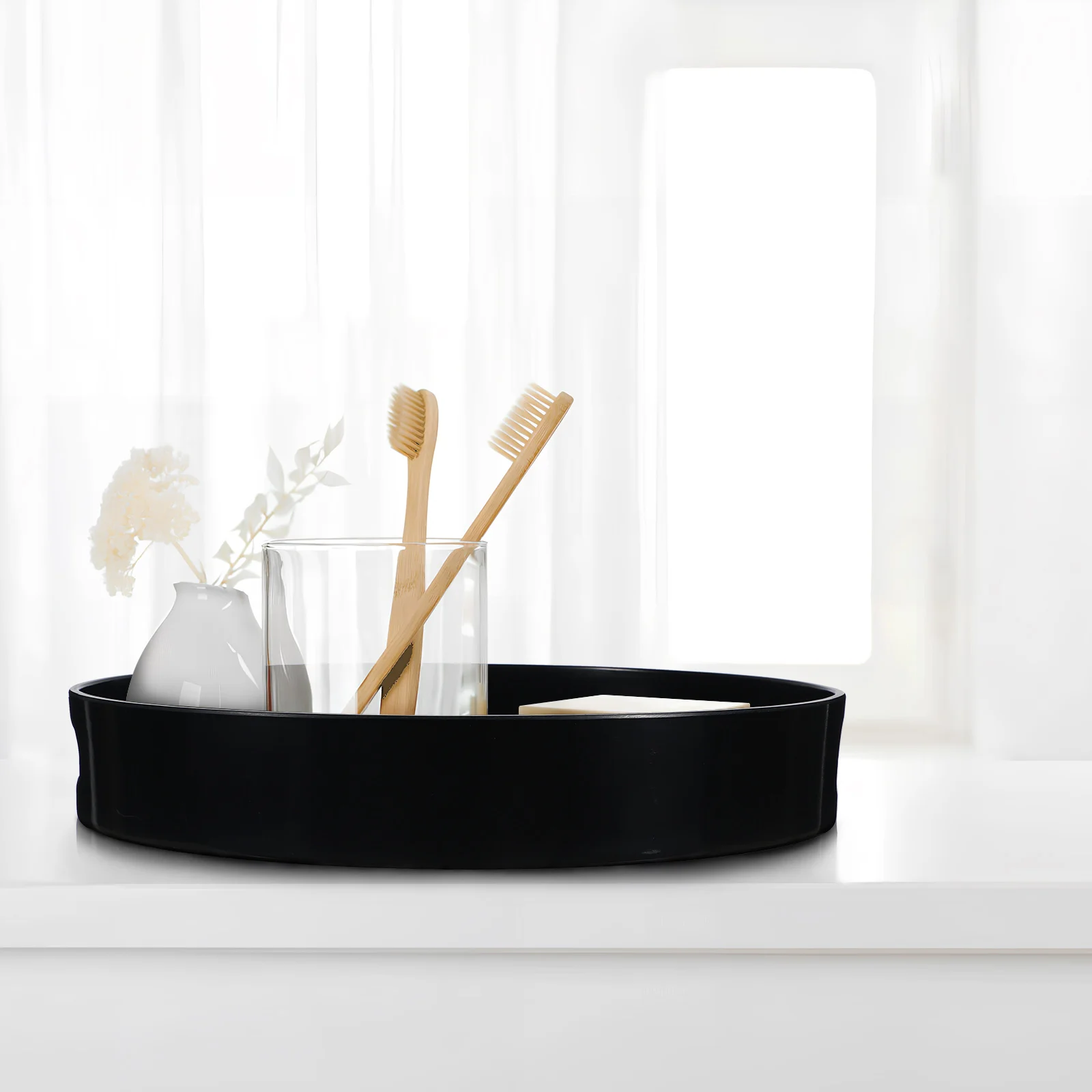 

Round Decorative Tray Black Medium Size Plastic H Coffee Table Tea Serving Home Decor Round Trays Sturdy Construction