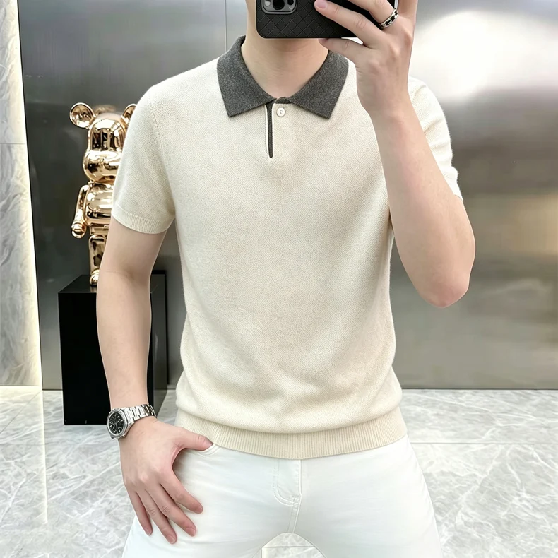 Summer Men's Color-Plaid Collar Short-Sleeved Knitted Stretch Casual Multi-Functional Lightweight