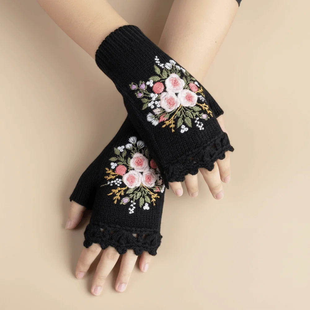 

Cute Vintage Embroidery Knitted Gloves Floral Half Finger Winter Wool Gloves Thick Waterproof Crochet Flower Mittens Autumn