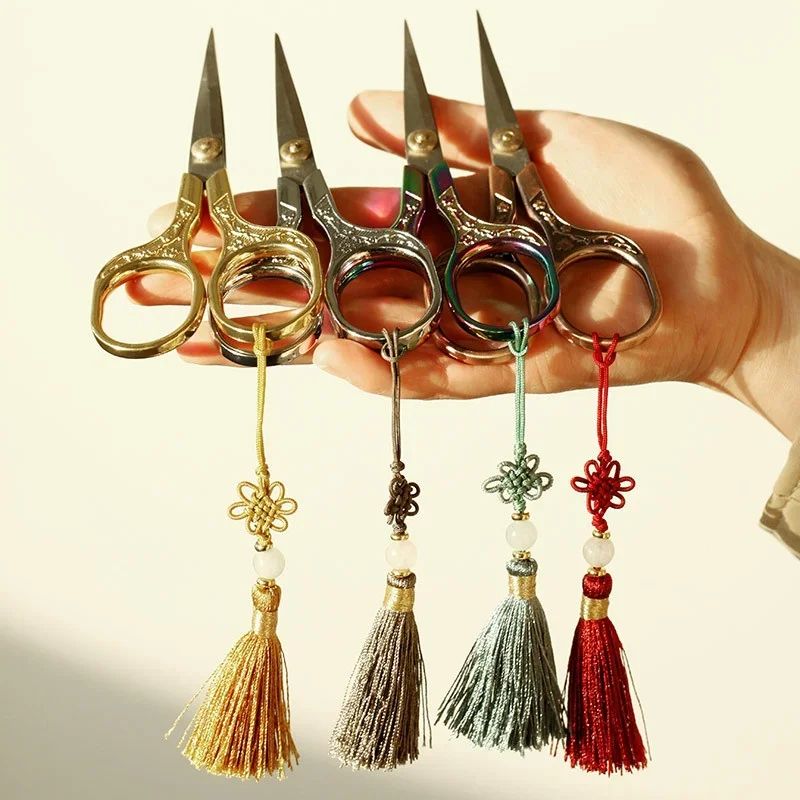 Vintage Craft Scissors Stainless Steel Square Handle Household DIY Embroidery Thread for Sewing Cutting Cloth with Chinese Knot