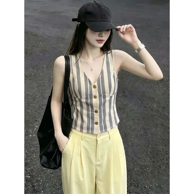 Women Clothes Summer Korean Fashion Button Striped V-neck Female All-match Fashionable Simplicity Appear Thin Sleeveless Cardiga