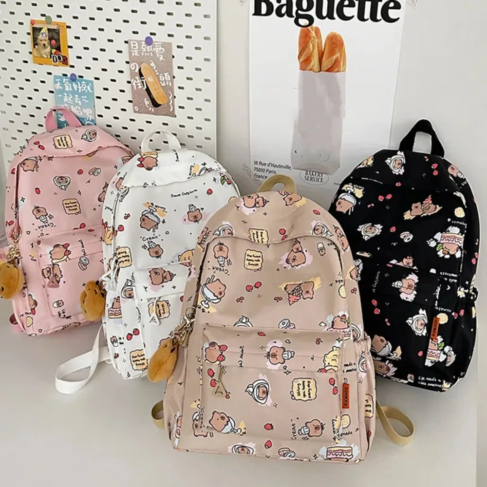 Verdikte Capibara-rugzak Brede bandjes Nylon Schooltas met grote capaciteit Multifunctionele opvouwbare Capibara-pop Sleutelhanger Geschenken