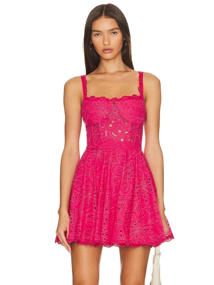 Summer Sexy Sleeveless Embroidery Hollow Out Mini Dress Women White Lace Straps High Waist A-Line Dress Party Evening Sundress