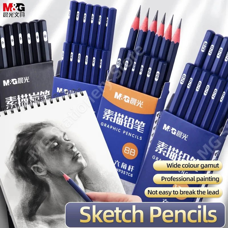 M&G 12Pcs Professional Sketch wooden Pencil Set Graphite Shade Art Hand-Painted Pen School Stationery for Beginners & Pro Artist