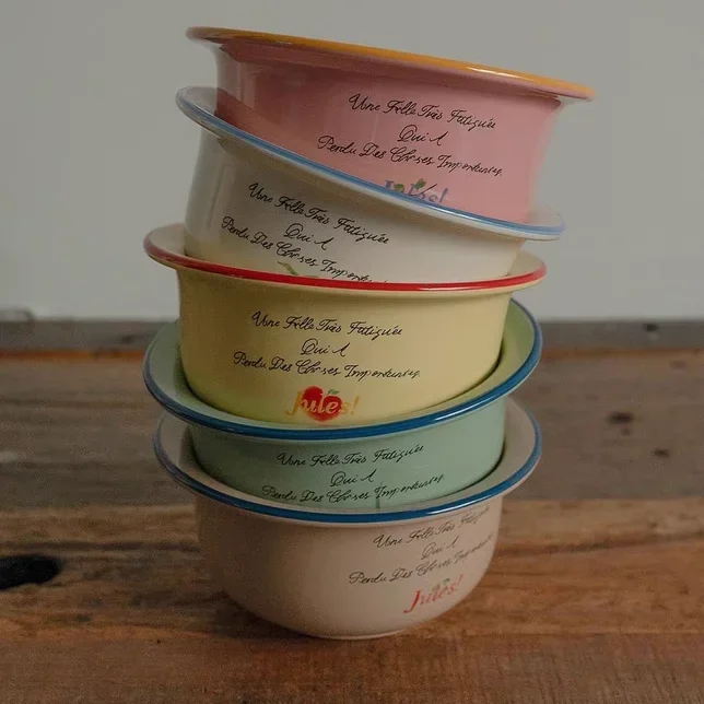 Retro Ceramic Bowl Soup Oatmeal Pasta Breakfast Rice Fruit Salad Letter Design Hand-Painted round Bowl French Style