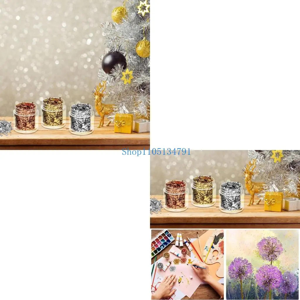 

98 км 3 бутылки золотые фольга Foil Foil для смолы металлические листья. Цветовые хлопья фольги для рисования искусства смолы и