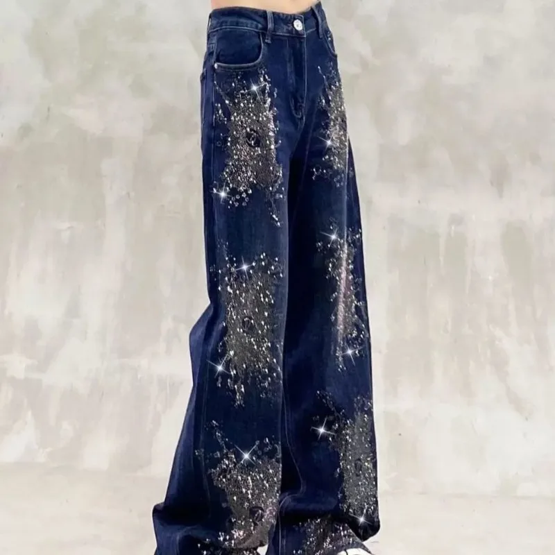 The New High-waisted Sequined Casual Jeans Designed By Heavy Industry Are Loose Slimming Versatile Straight with An Ins Style