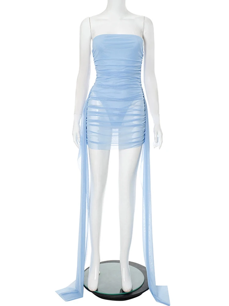 Sibybo Trägerloses Bänder Sheer Minikleid Damen Sommer Mesh Off Shoulder Rückenfrei Geraffte Figurbetonte Kleider Sexy Club Party Outfits