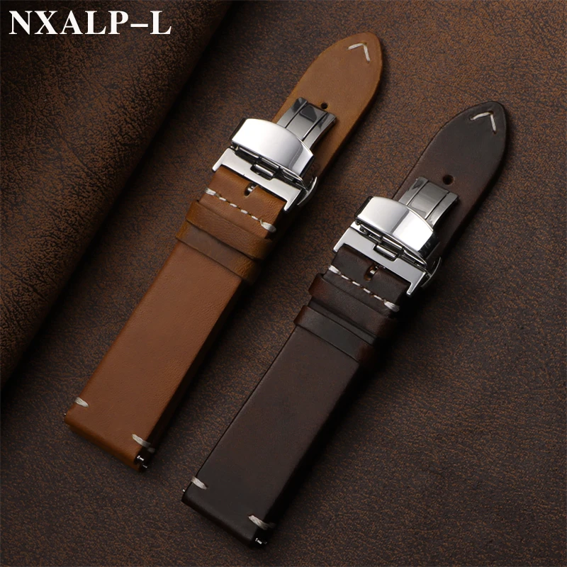 Cinturini per orologi in pelle cerata retrò con fibbia a farfalla per Seiko per bracciale Omega cinturino in pelle di vacchetta con cuciture 18/19/20/21/22/24mm