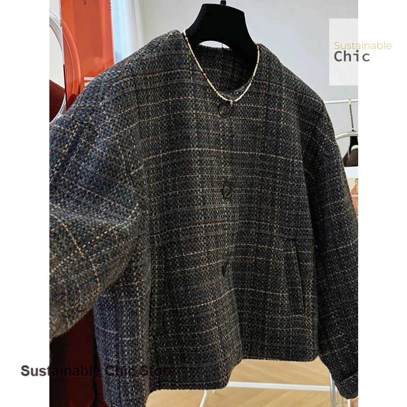 Korean style striped tweed high sense short woolen coat women's autumn and winter new fashion short woolen casual Joker coat.