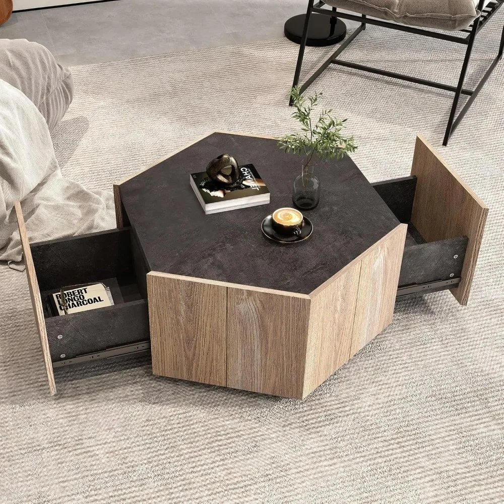 Hexagonal Coffee Table, Farmhouse Wooden Coffee Table with 3 Storage Drawers for Living Room,Modern Design