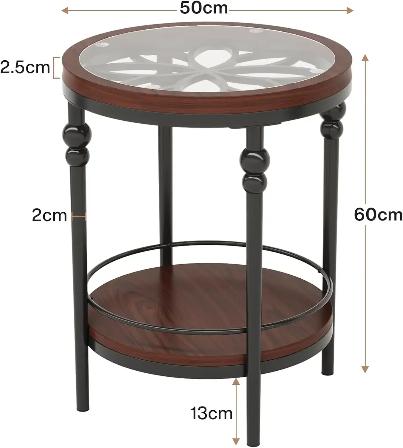 Modern Industrial Glass End Table,2-Tier Round End Tables with Storage Shelf,Farmhouse Accent Table Coffee Tea Table for Bedroom