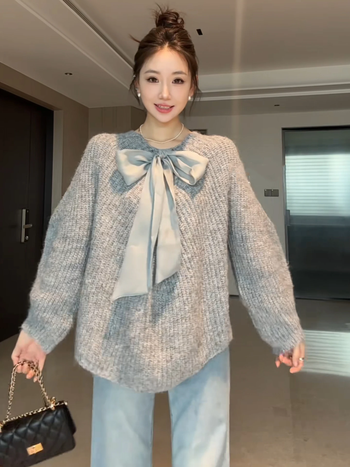 ey لينة مكتنزة متماسكة عقدة سترة المرأة الخريف الشتاء كسول فانوس Sve قمة دافئة مريحة فضفاضة تناسب الجولة Ne #5