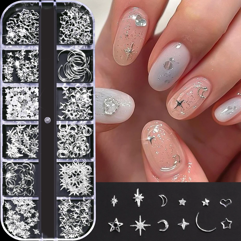 12Styles Silver Metal Sheet Rivet Nail Charms Mini Awn Star/Heart/Moon Shape Nail Art Japanese & Korean Pop Elements Nail Decor*