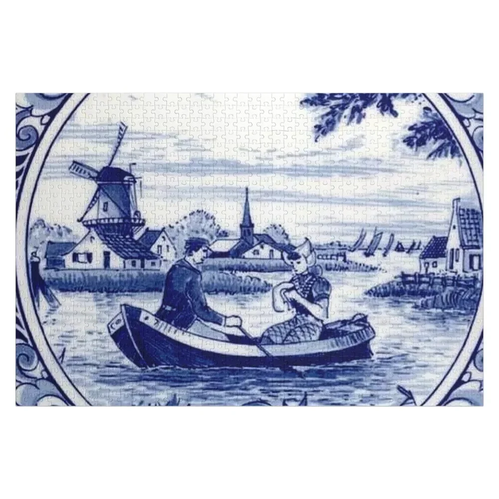 DUTCH BLUE DELFT: Vintage Windmill Church and Sailboats Print Jigsaw Puzzle Scale Motors Personalized Kids Gifts Puzzle