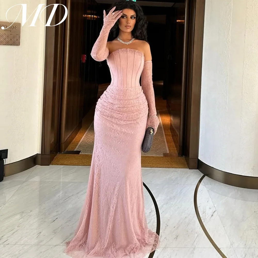 

MD Elegant Pink Lace Evening Gown Saudi Arabic Strapless With Gloves New Beaded Prom Gown فساتين سهرة customised 2025