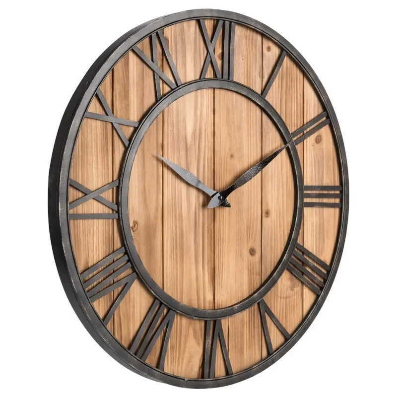 for American Solid Wood Round Fir Wrought Iron Wall Clock Silent Home Living Room Wall Hanging Decor Manufacturer Wholesale