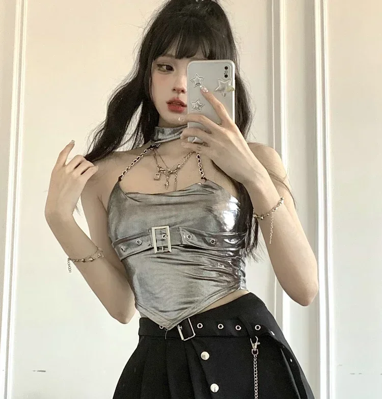 MiiiiX Sexy Hot Girl Halterneck Tube Top Women's 2024 Summer Chain Design Silver Waist Short Sleeveless Top Female Clothes