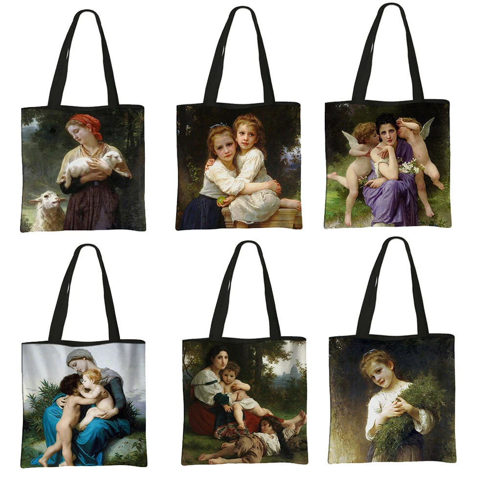 Famosa pittura a olio William-Adolphe Bouguereau borsa in tela Tote Bags Shopping Bag donna borse a tracolla portatili di grande capacità