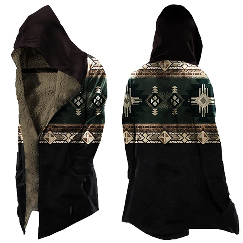Vintage Pattern Printed Woolen Coat Men Casual Long Sleeved Hooded Single Breasted Coats Men's Fashion Slim Korean Pocket Jacket