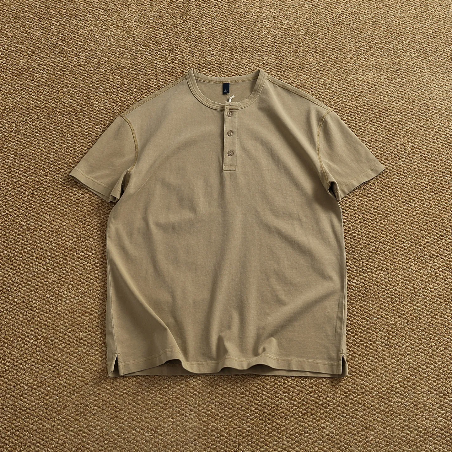 Retro heavy henley shirt with distressed color technology pure cotton loose button short-sleeved T