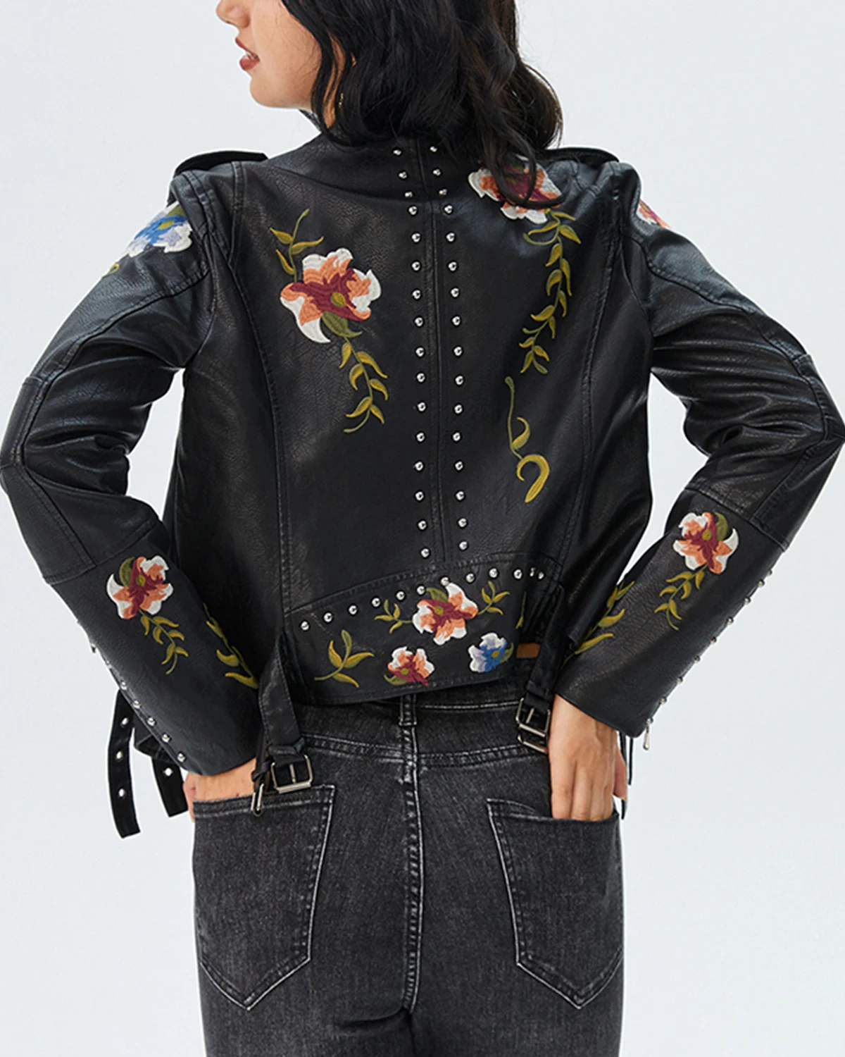 Women\'s Floral Embroidered Faux Leather Moto PU Jacket Biker Bomber Coat