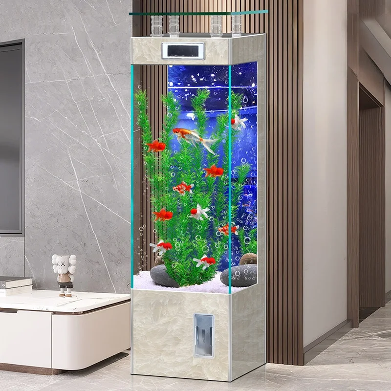 

2026 Modern Eco-friendly Wooden Home-use Back-filter Fish Tank Living Room Floor-standing Vertical Ultra-clear Glass Aquarium