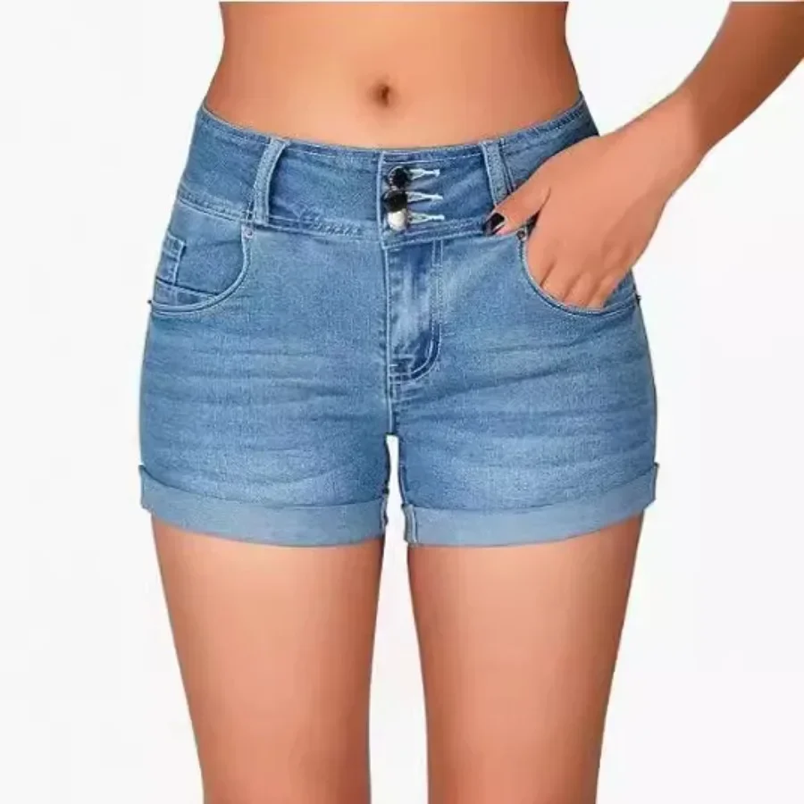 Jean Shorts Women Denim Washed High Waist Cuffs Jeans Spliced Button Solid Pockets Sexy Skinny Vintage 2024 Basics Slim Fit