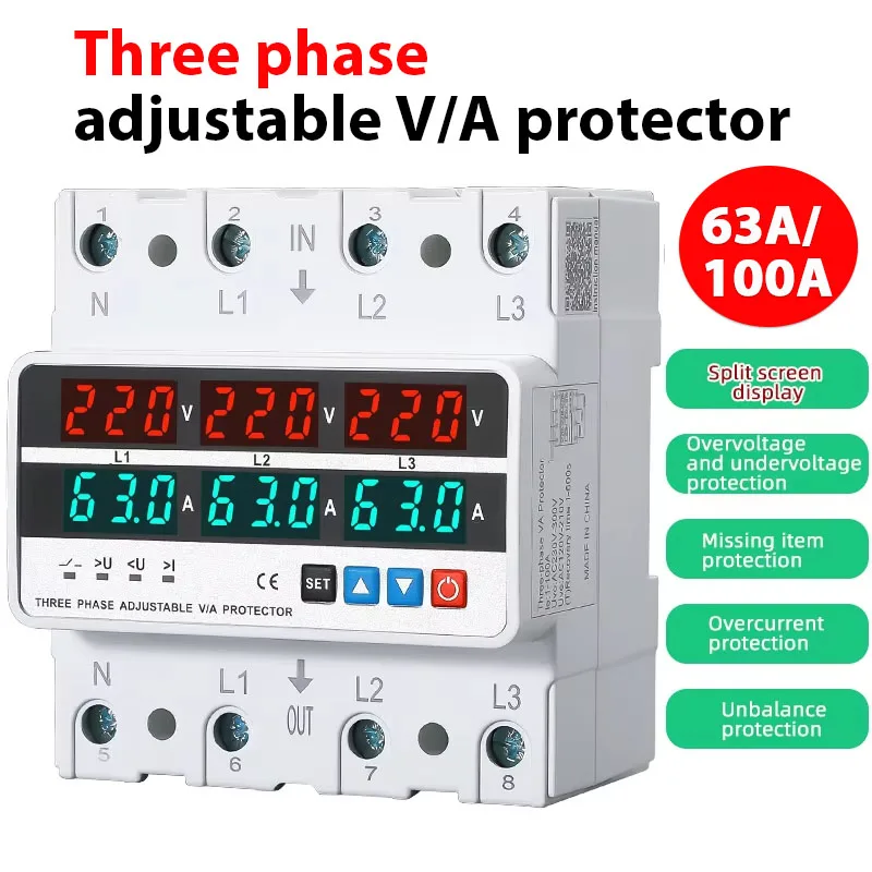 3 Phase 63A/100A Din Rail Voltmeter Ammeter Adjustable Over and Under Voltage Current Limit Protection Monitor Relays Protector