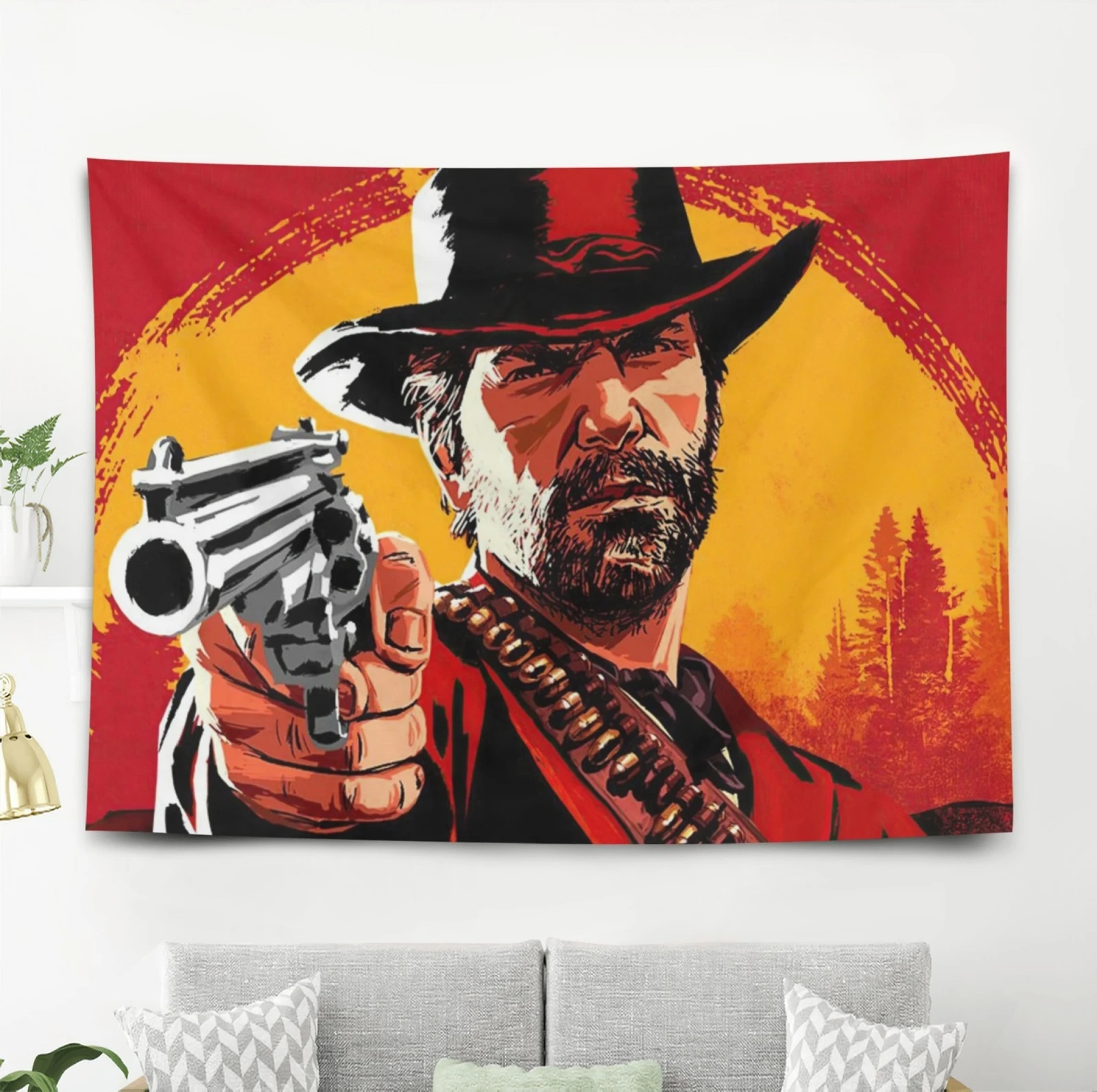 Western Cowboy Tapestry Gunfighter Art Red Sunset Desert Scene Movie Inspired Wall Hanging Decor Elevate SpaceSimpleInstallation