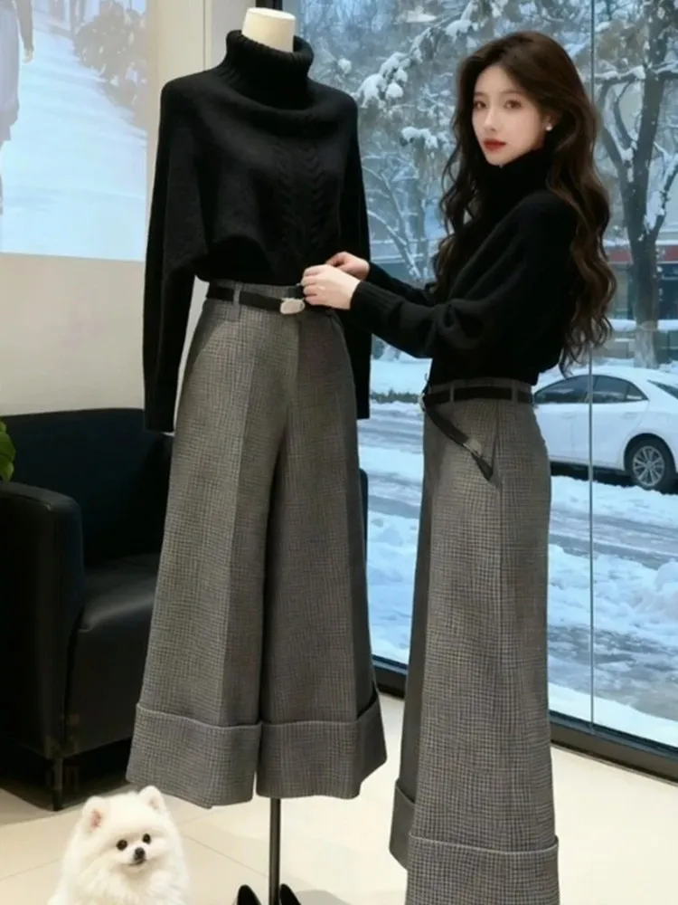 

Весенний повседневный комплект из свитера с высоким воротником и широких брюк для женщин, модный черный трикотажный костюм для женщин