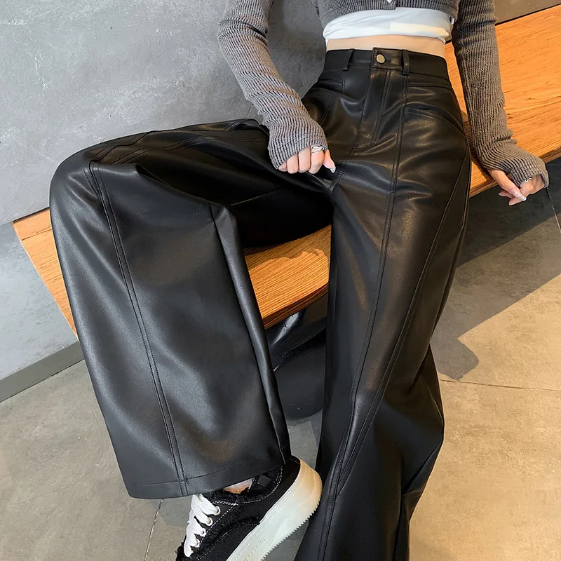 Coffee colored high waisted matte leather wide leg pants for women, loose fit  casual hanging pants, floor length pants