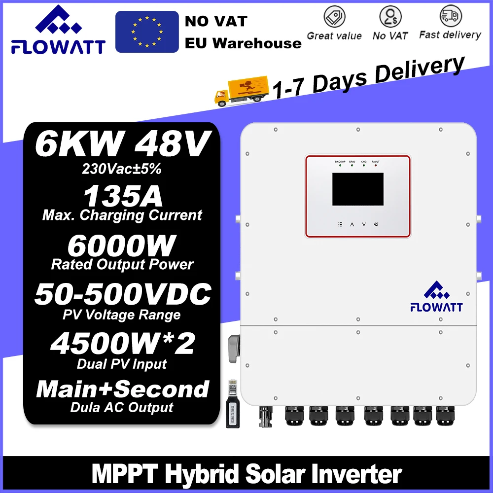 FLOWATT 6KW Parallelmodell Hybrid-Solarwechselrichter 48VDC 220Vac mit reiner Sinuswelle MPPT 135A Solarladeregler Max. PV 520V