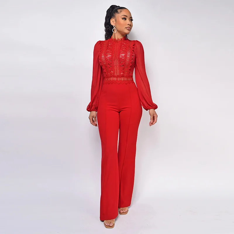 

Foreign Trade Women's High-necked Lace Crochet Jumpsuit Wish Fashion Solid Color Chiffon Long-sleeved High-waisted Jumpsuit