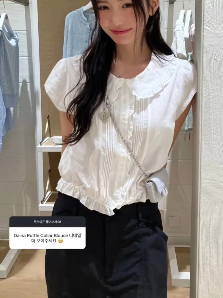 

Younger Looking Cotton ort Sve irt with Ruffle Collar for Women Breathable Commute Sle Loose Fit Pure Color Button up