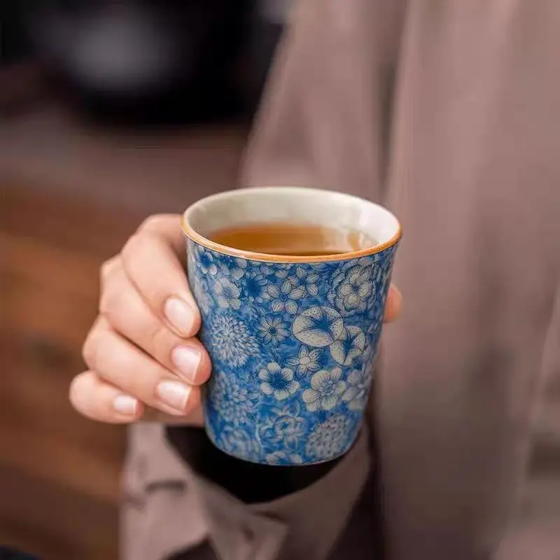 Antikes blau-weißes Keramik-Teetasse – Ru Kiln Crackle Glaze, Kung-Fu-Teeset, saisonale Einzeltasse für Teeliebhaber, persönlicher Gebrauch
