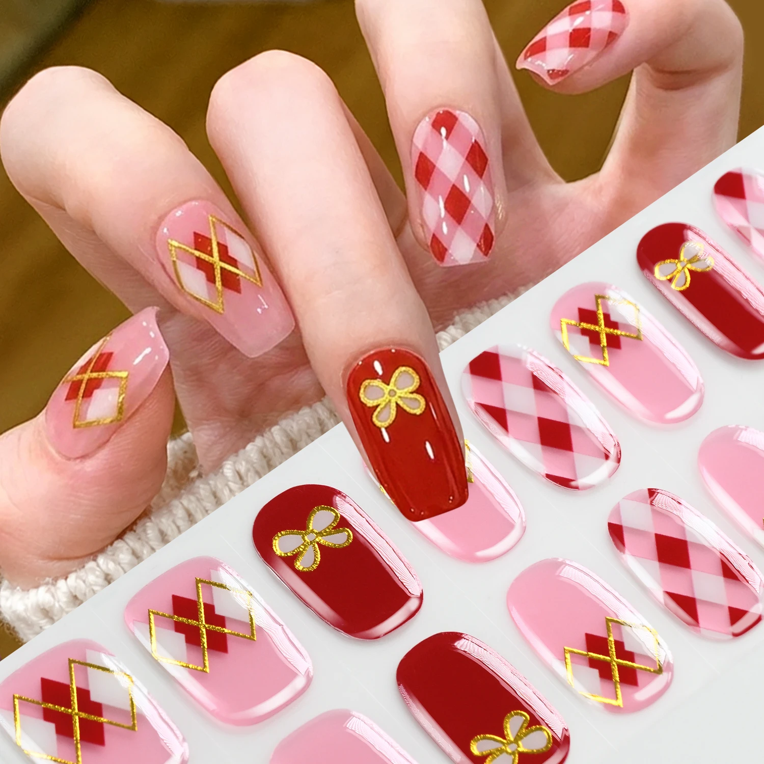 16Tips Baking-Free Red Pink Checkerboard Nail Strips Bonzing Gold Butterful Nail Wraps Full Cover Long Lasting Nail Art Wraps
