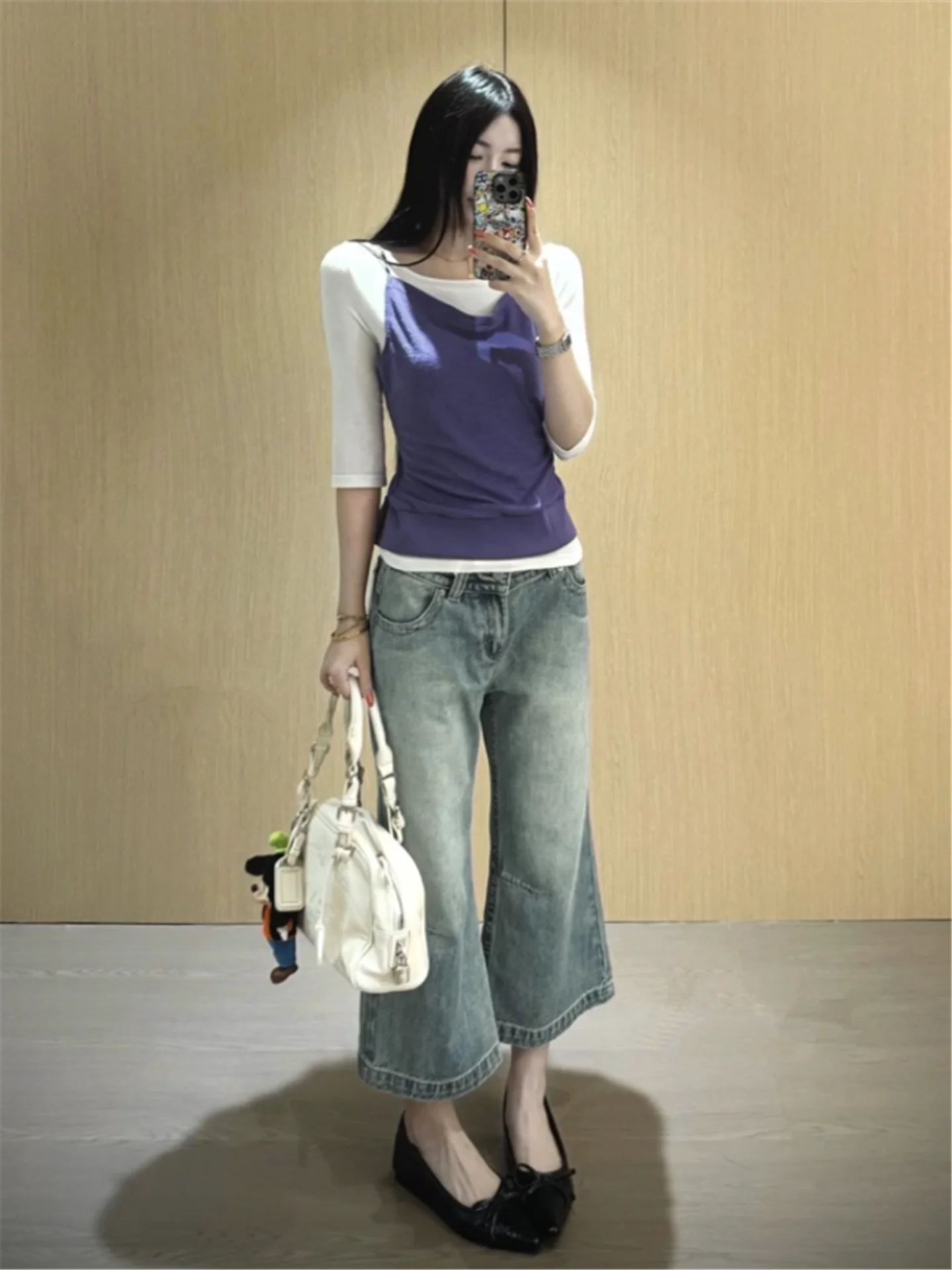 

American Retro Bell Bottom Jeans Women's Summer Slimming Low Waist Washed Denim Pants Casual Cotton Straight Fit No Stretch