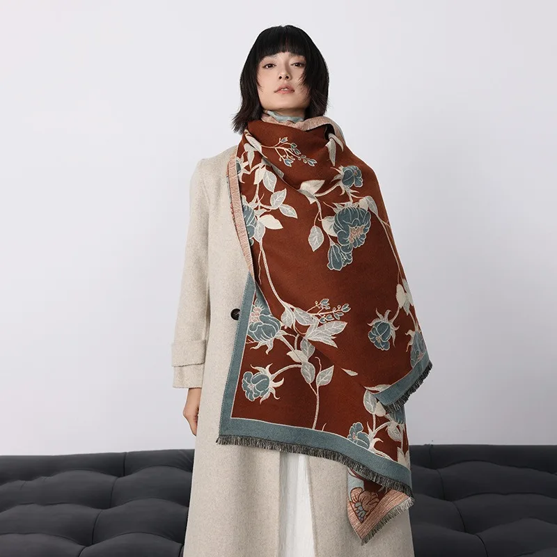 

Acrylic Cashmere-like Double-Sided Soft Fringe Shawl Scarf High-end Floral Vintage Bohemian Warm Winter Scarf